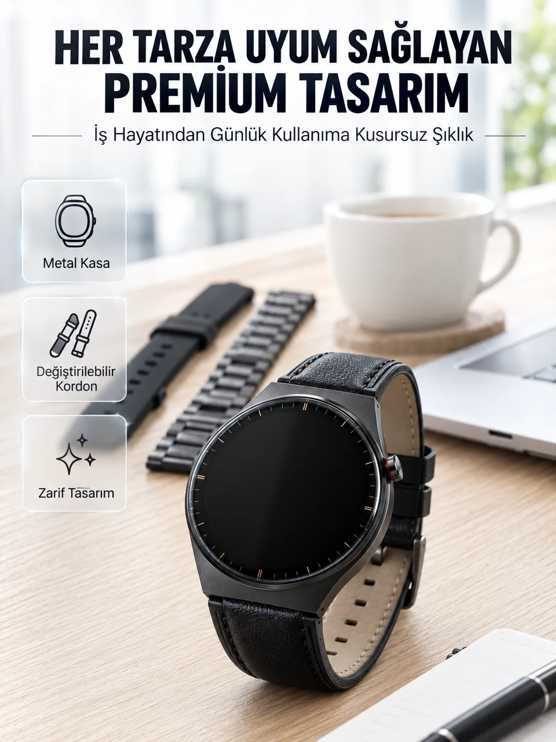 İthalat® 3 Kordonlu AMOLED Ekran Bluetooth Aramalı Akıllı Saat Metal, Deri ve Silikon Kordon Seti