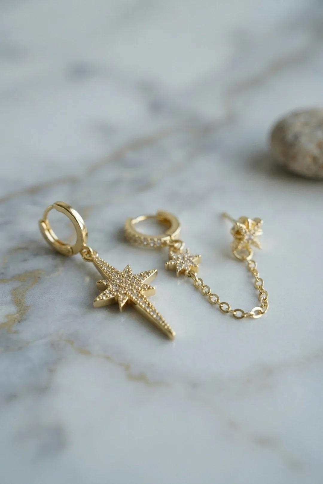 İthalat® 3 lü Set Küpe Gold Renk Zincir Detaylı