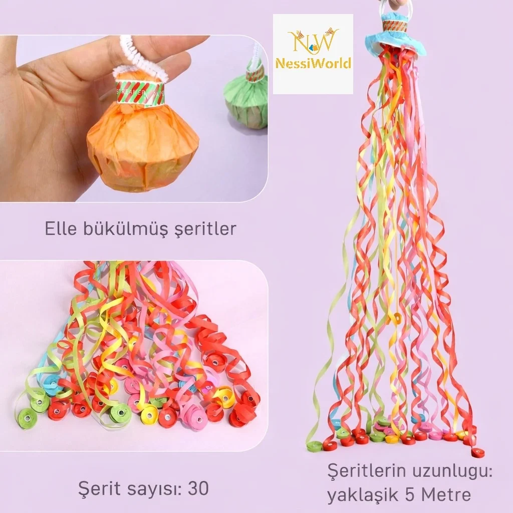 İthalat® 30 Şeritli Renkli Elle Atılan Konfeti – 5 Metre Uzayan Şerit Konfeti 1 Adet