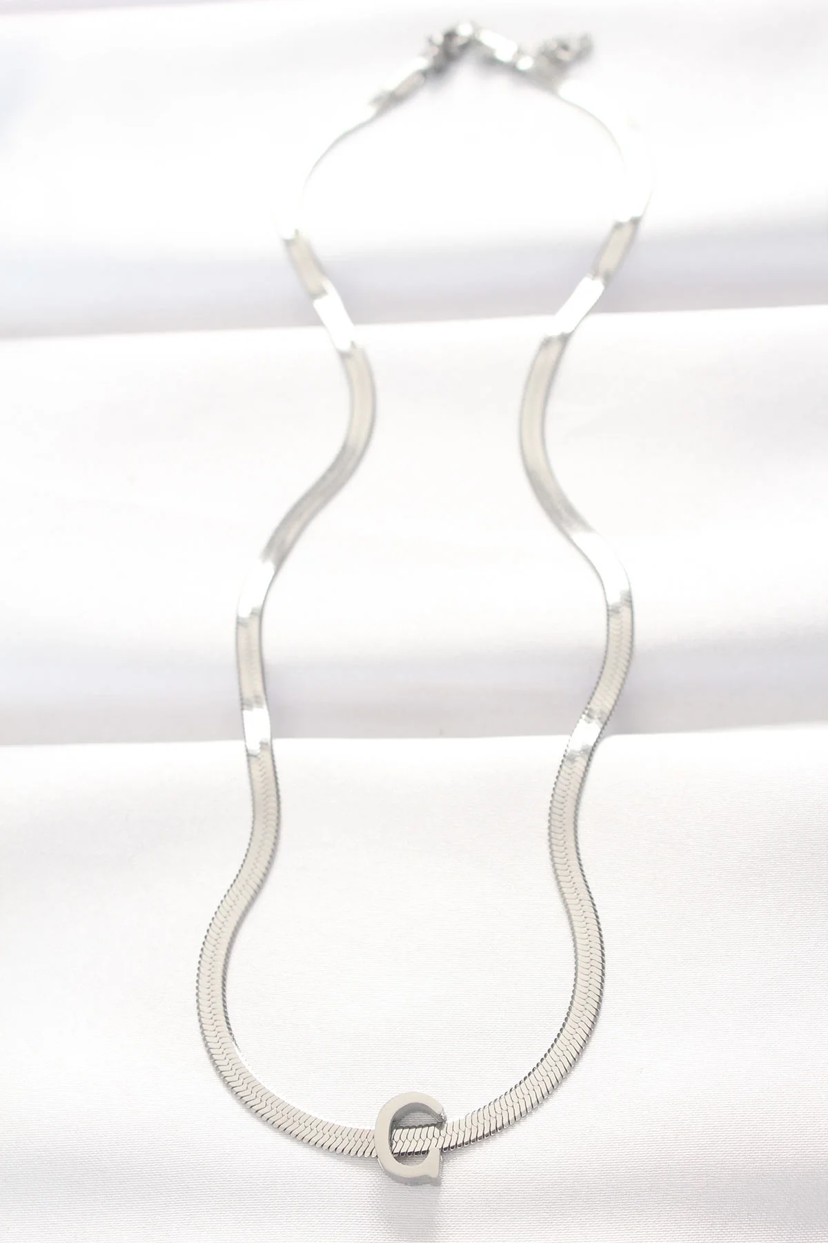 İthalat® 316L Çelik C Harfli Silver Renk İtalyan Zincirli Kolye