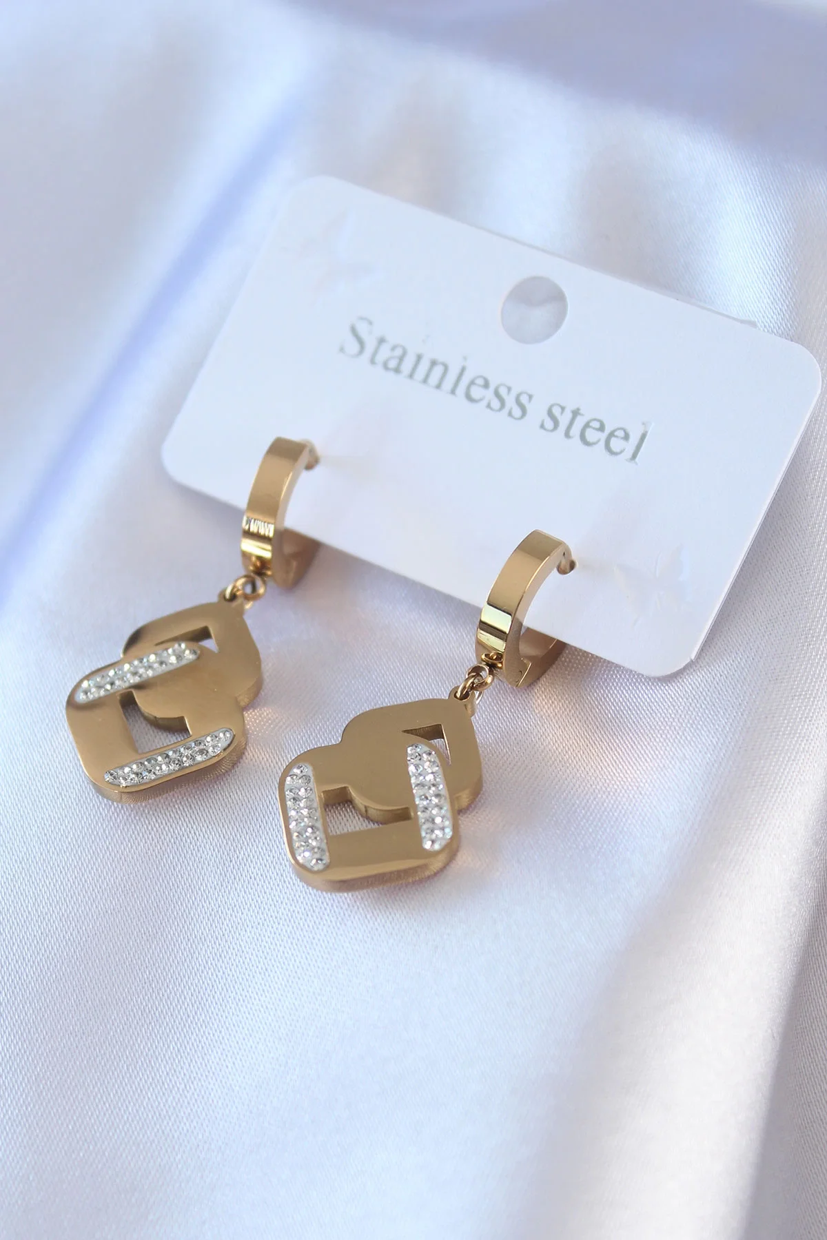 İthalat® 316L Çelik Gold Renk Zirkon Taşlı Kadın Küpe