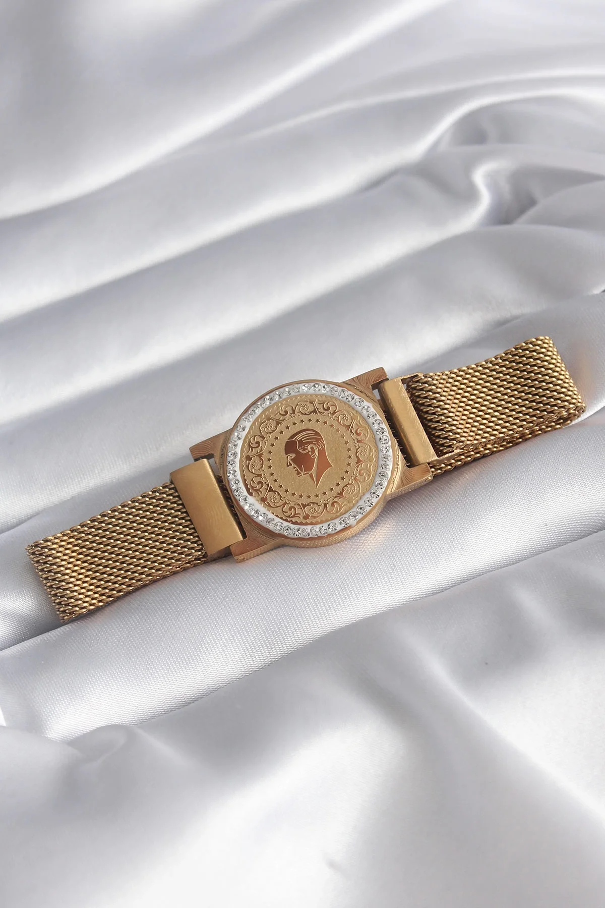 İthalat® 316L Çelik Gold Renk Mıknatıslı Hasır Zirkon Taşlı Çeyre