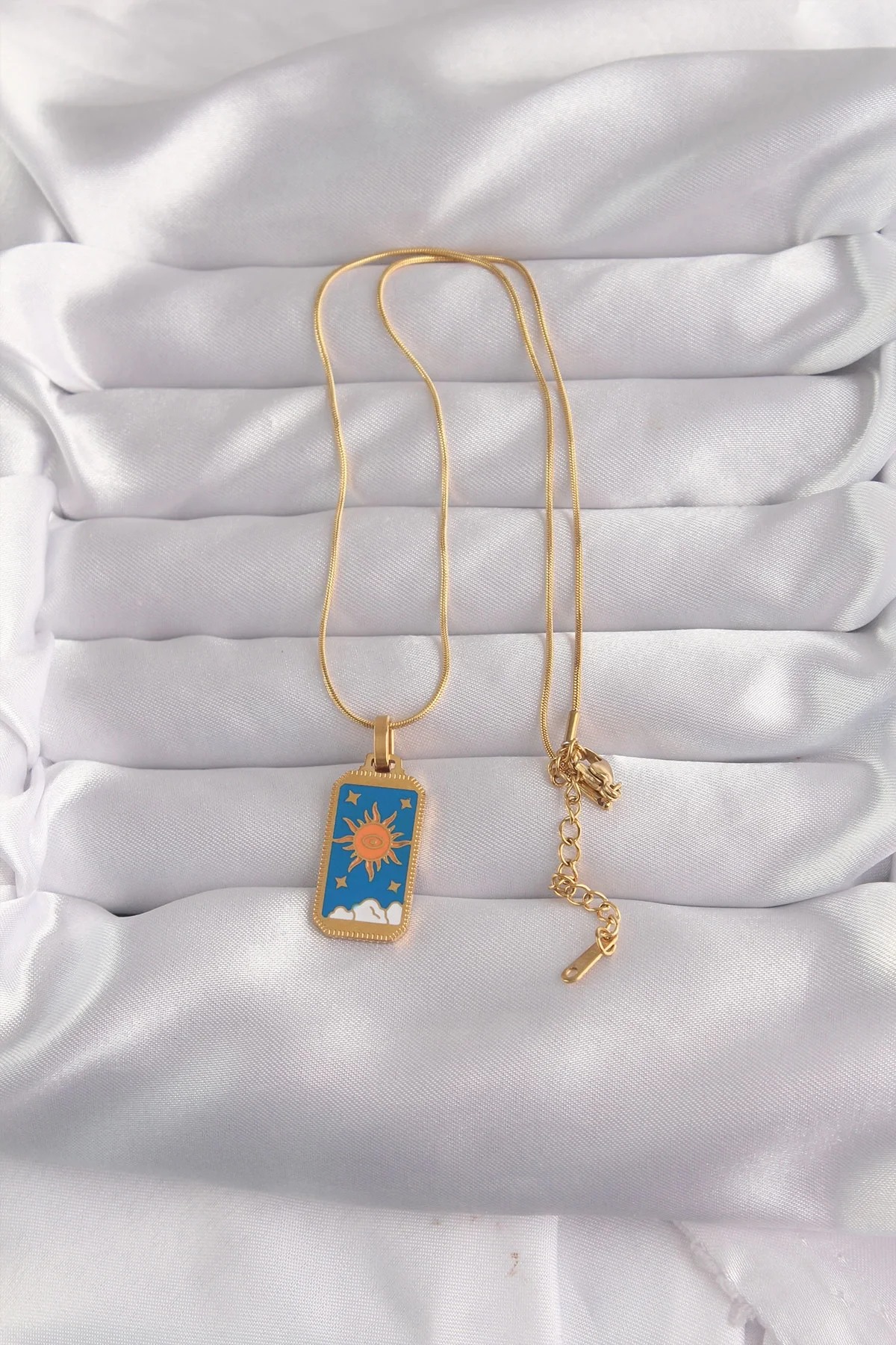 İthalat® 316L Çelik Gold Renk Mavi Mineli Güneş Model Tarot Kolye
