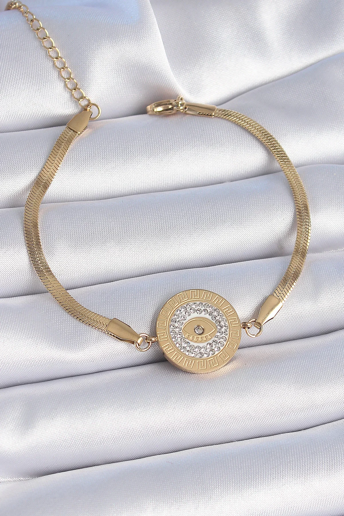 İthalat® 316L Çelik Gold Renk İtalyan Zincir Zirkon Taşlı Göz İşlemeli Madalyon Model Kadın Bileklik Fiyatı, Yorumları ve Özellikleri