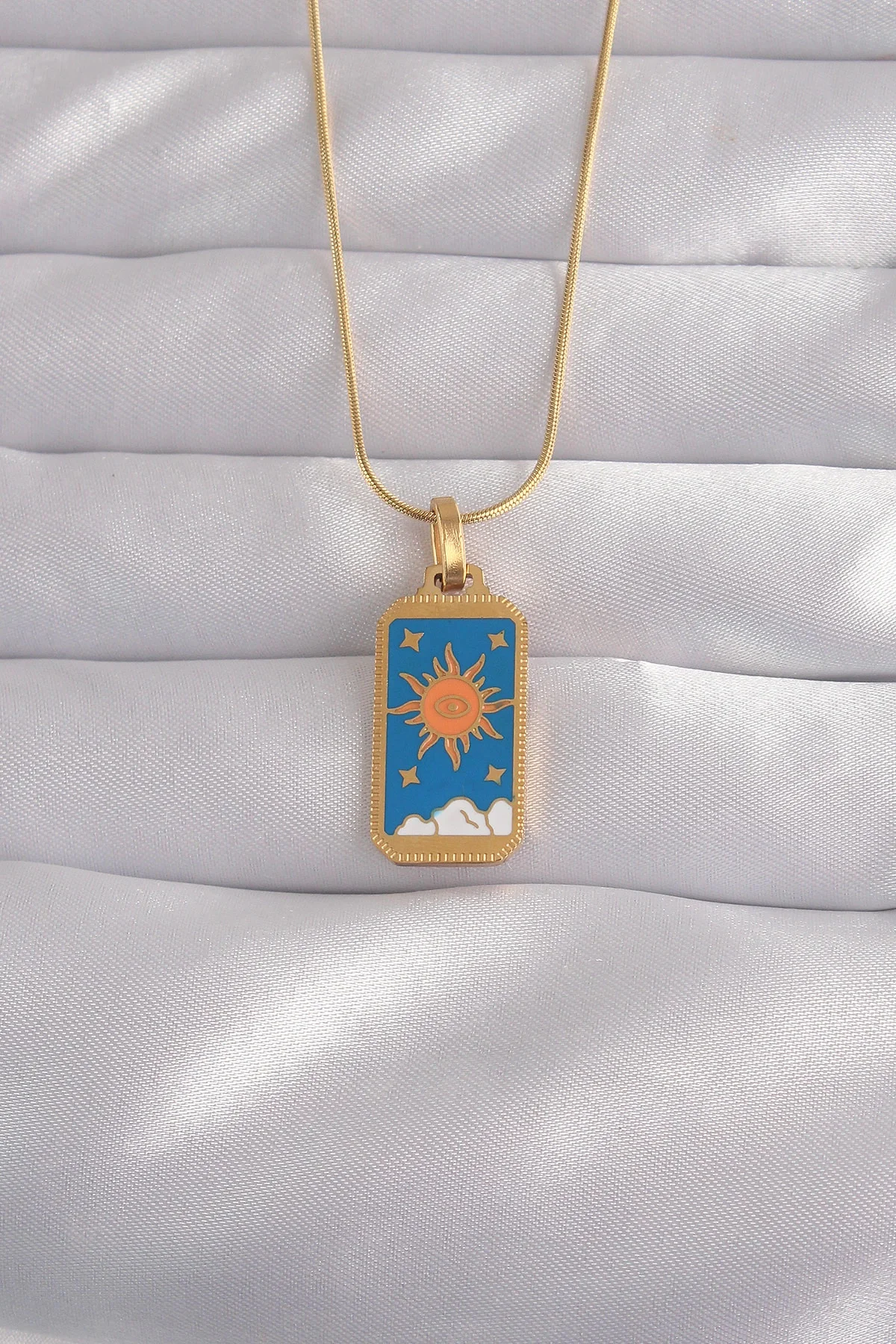 İthalat® 316L Çelik Gold Renk Mavi Mineli Güneş Model Tarot Kolye