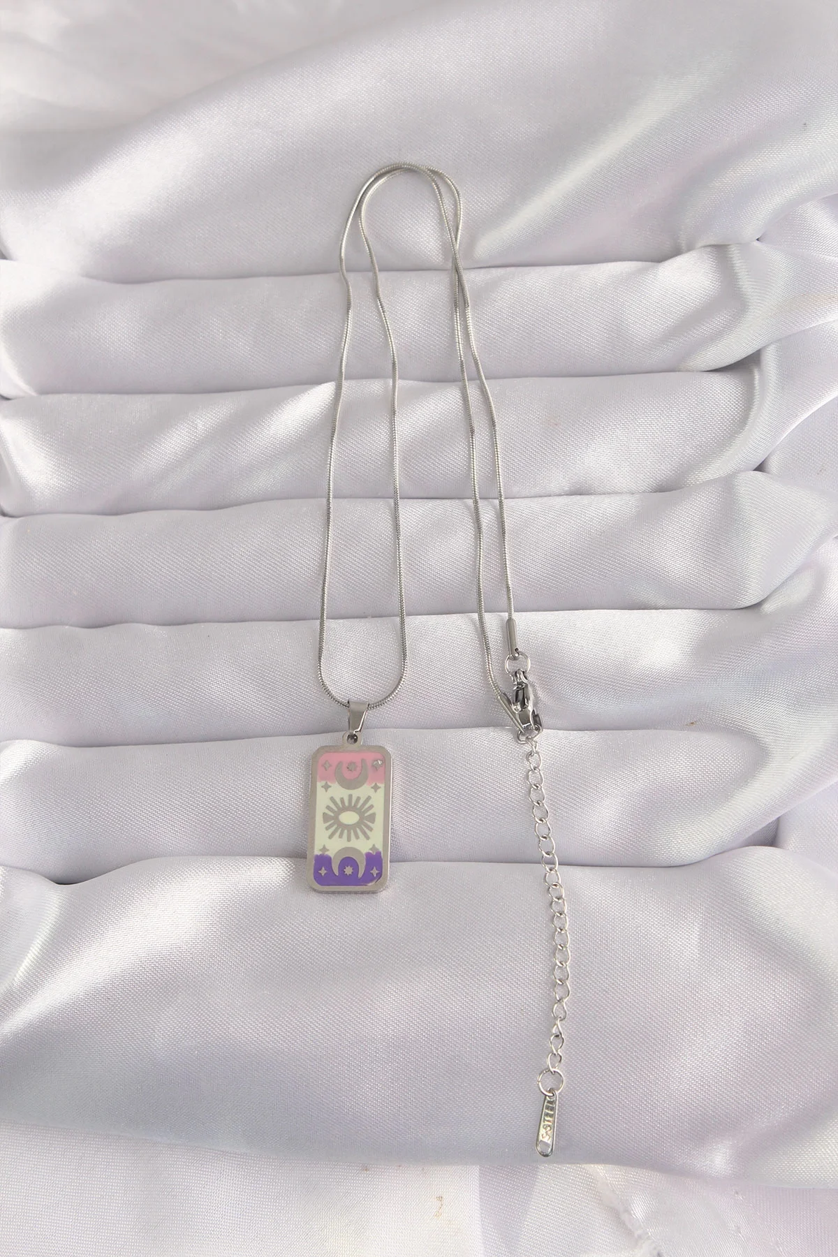 İthalat® 316L Çelik Gümüş Renk Karışık Mineli Ay Figür Tarot Koly