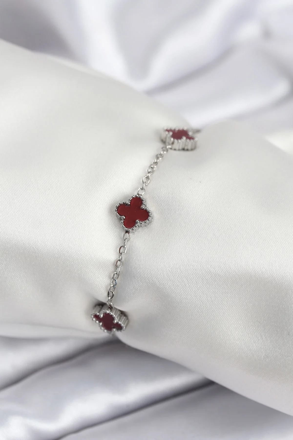 İthalat® 316L Çelik Gümüş Renk Bordo Baby Boy Yonca Kadın Bileklik