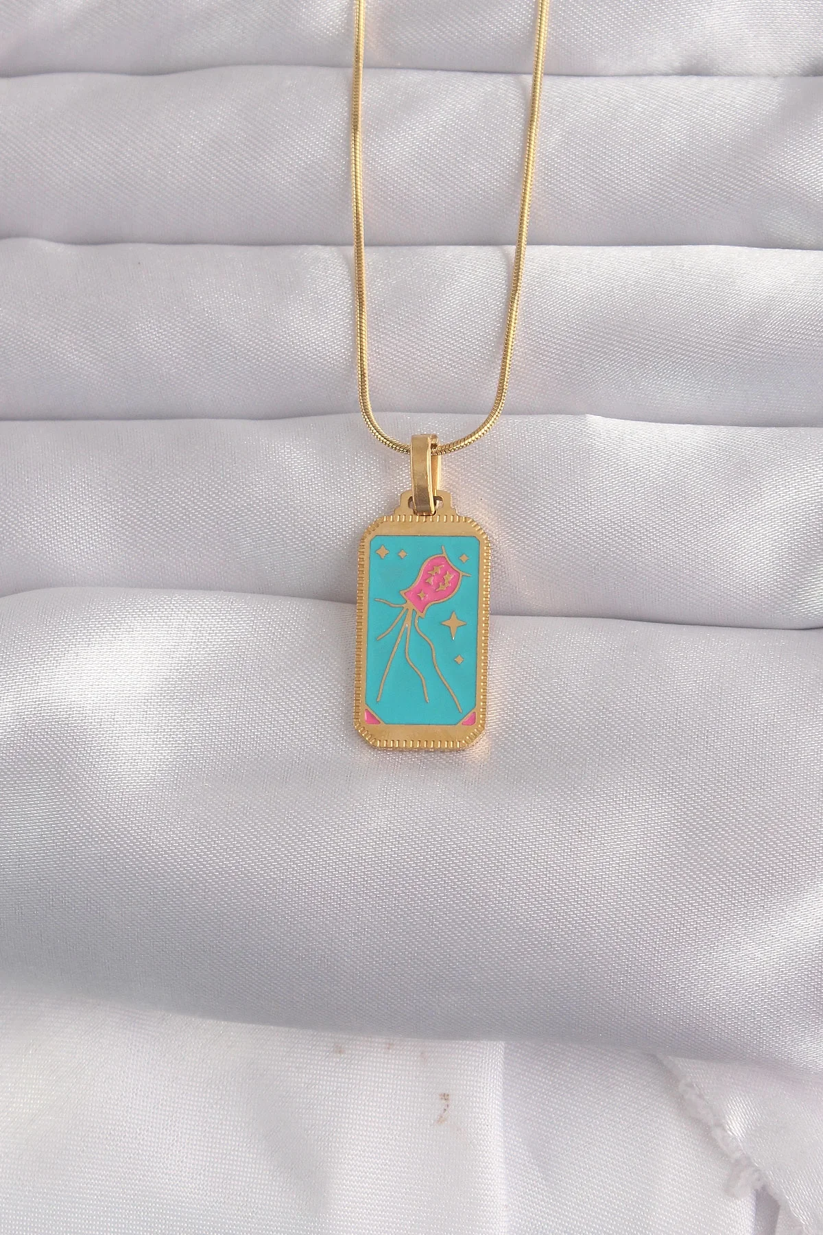 İthalat® 316L Çelik Gold Renk Mavi Mineli Tarot Kolye