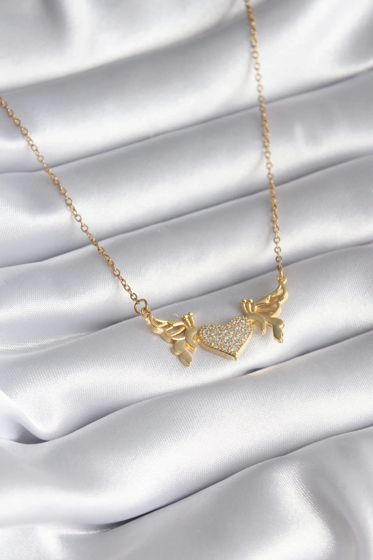 İthalat® 316L Çelik Gold Renk Zirkon Taşlı Kanatlı Kalp Model Kad