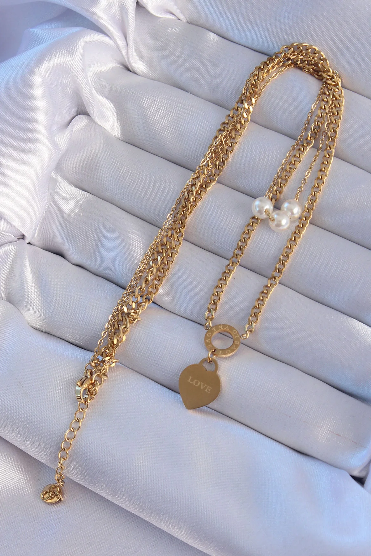 İthalat® 316L Çelik Gold Renk Çift Zincir İnci Detayı Love Kalp K