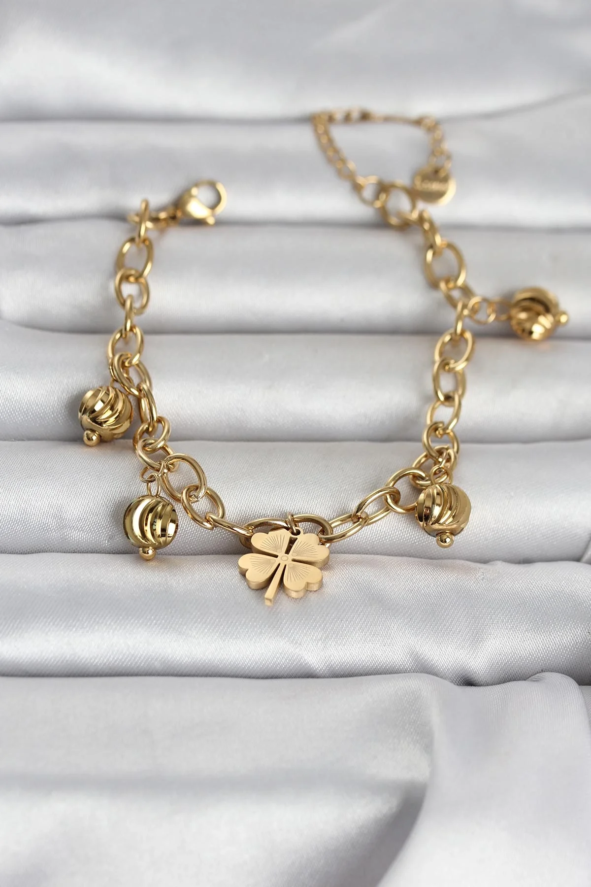 İthalat® 316L Çelik Gold Renk Yonca ve Dorikalı Kadın Bileklik