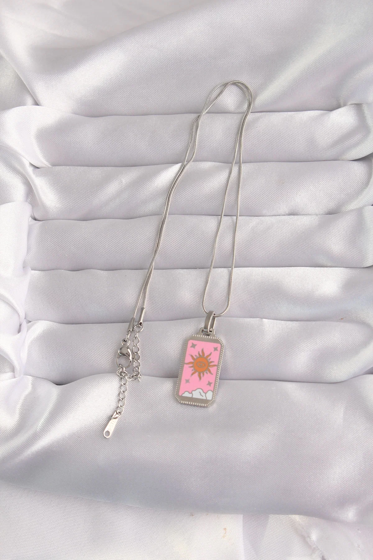 İthalat® 316L Çelik Gümüş Renk Pembe Mineli Güneş Model Tarot Kol