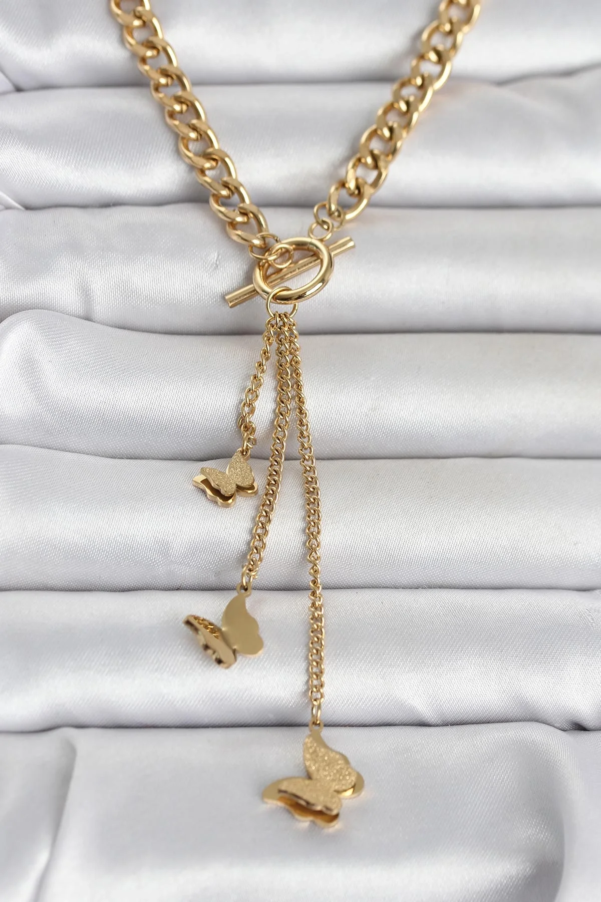 İthalat® 316L Çelik Gold Renk Kelebek Sallantılı Kadın Kolye