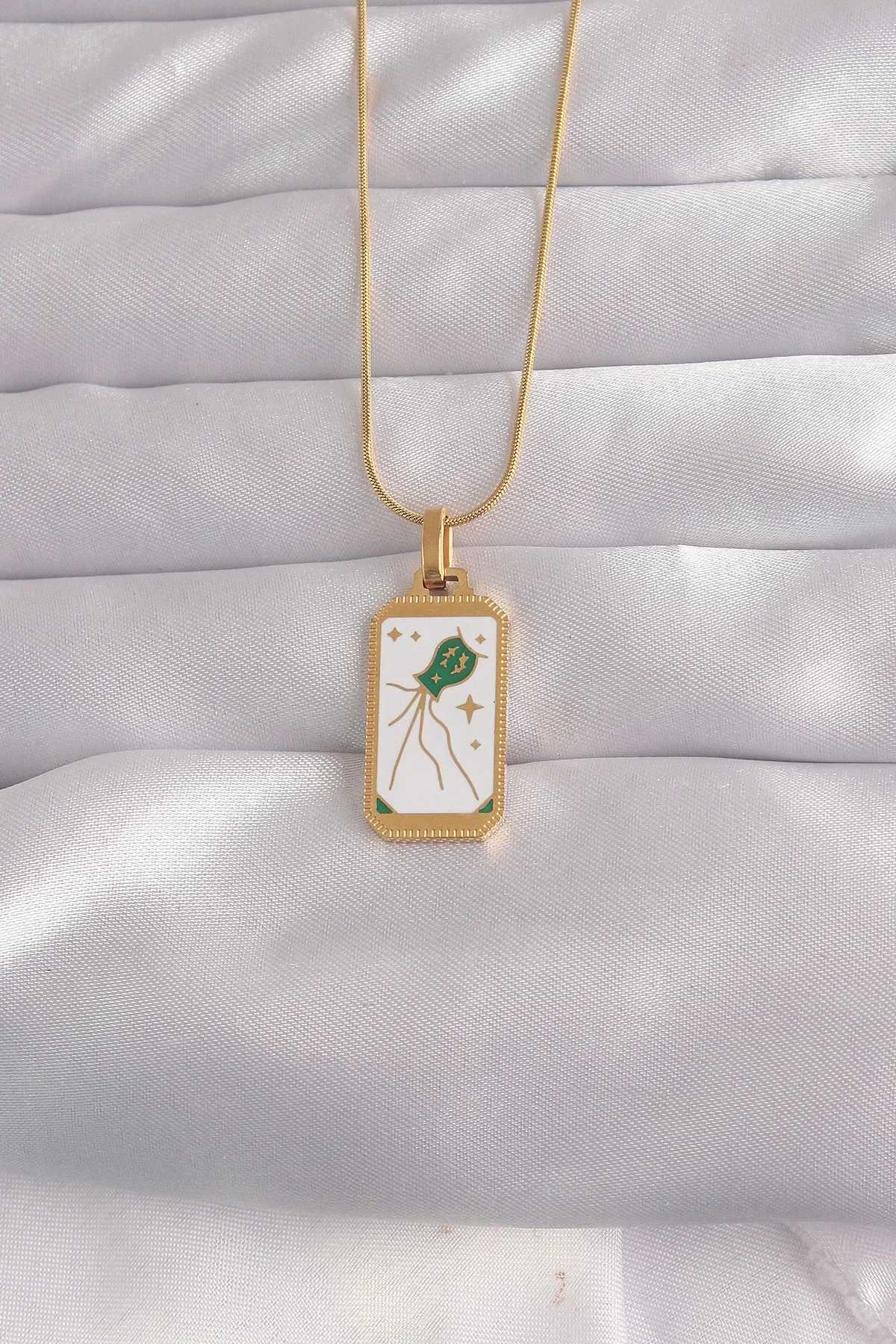 İthalat® 316L Çelik Gold Renk Beyaz Mineli Tarot Kolye