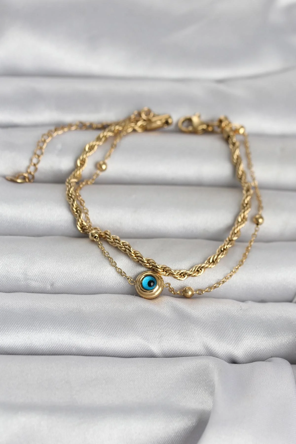 İthalat® 316L Çelik Gold Renk Burgu Zincir ve Nazarlı Kadın Bileklik
