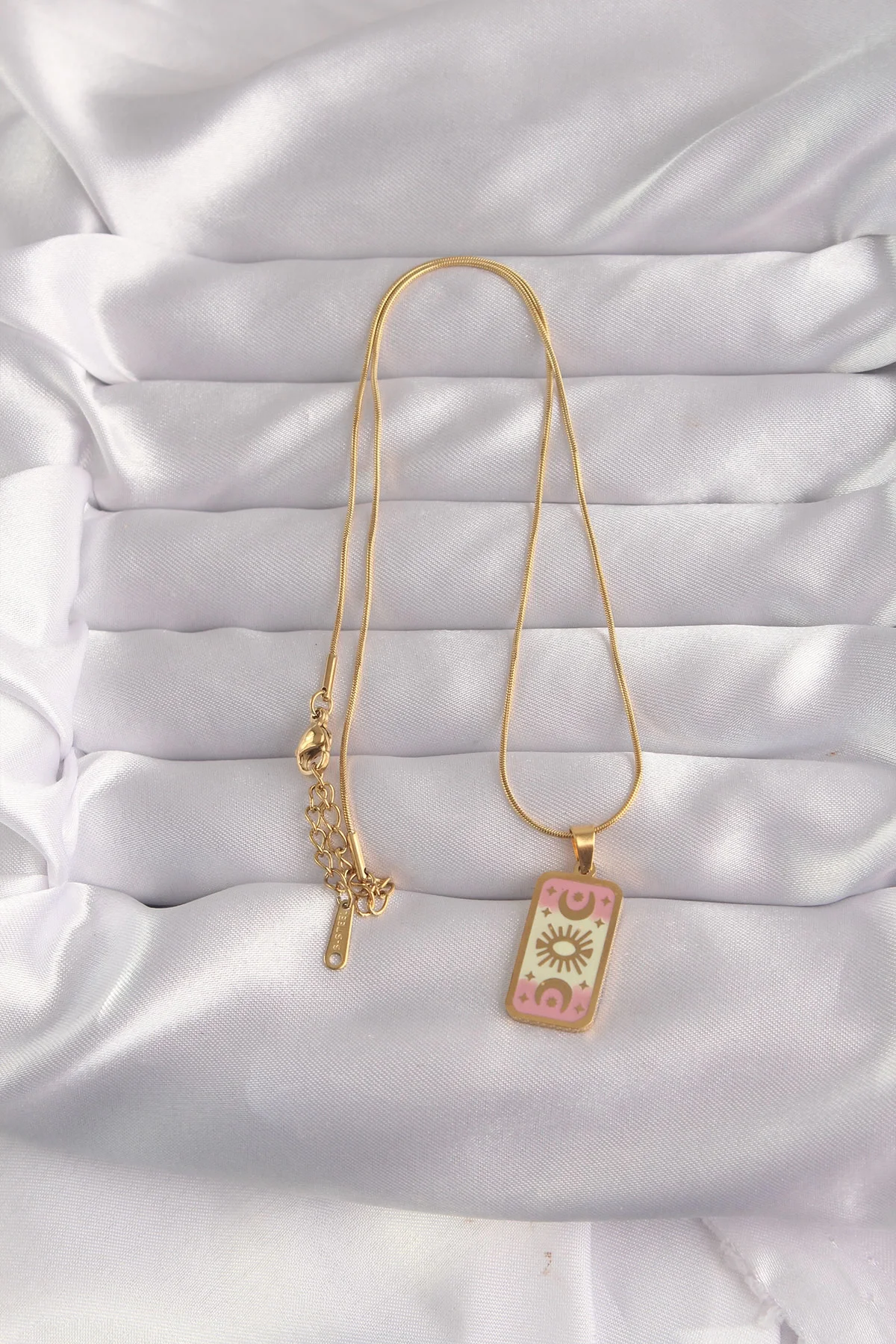 İthalat® 316L Çelik Gold Renk Karışık Mineli Ay Figür Tarot Kolye