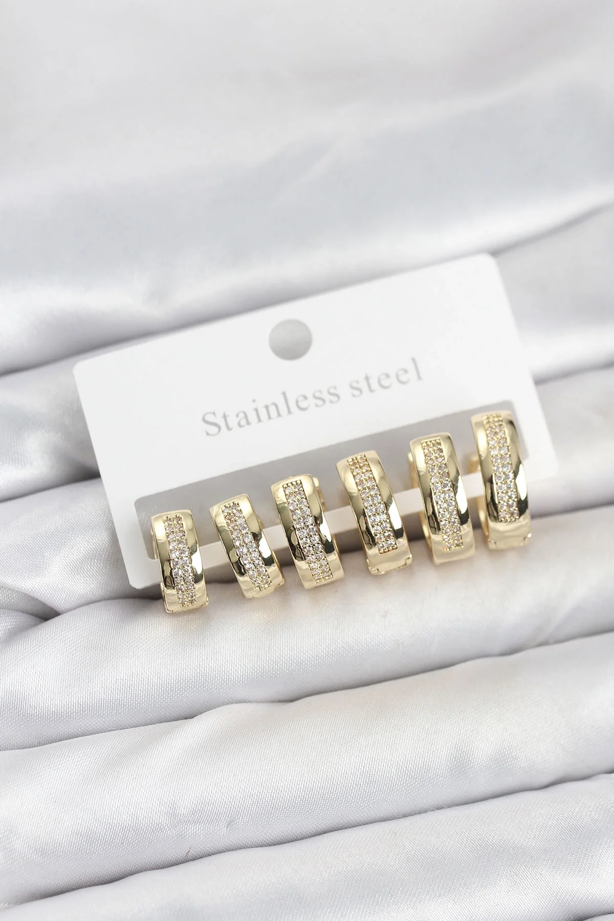 İthalat® 316L Çelik Gold Renk Zirkon Taşlı Halka Küpe Seti