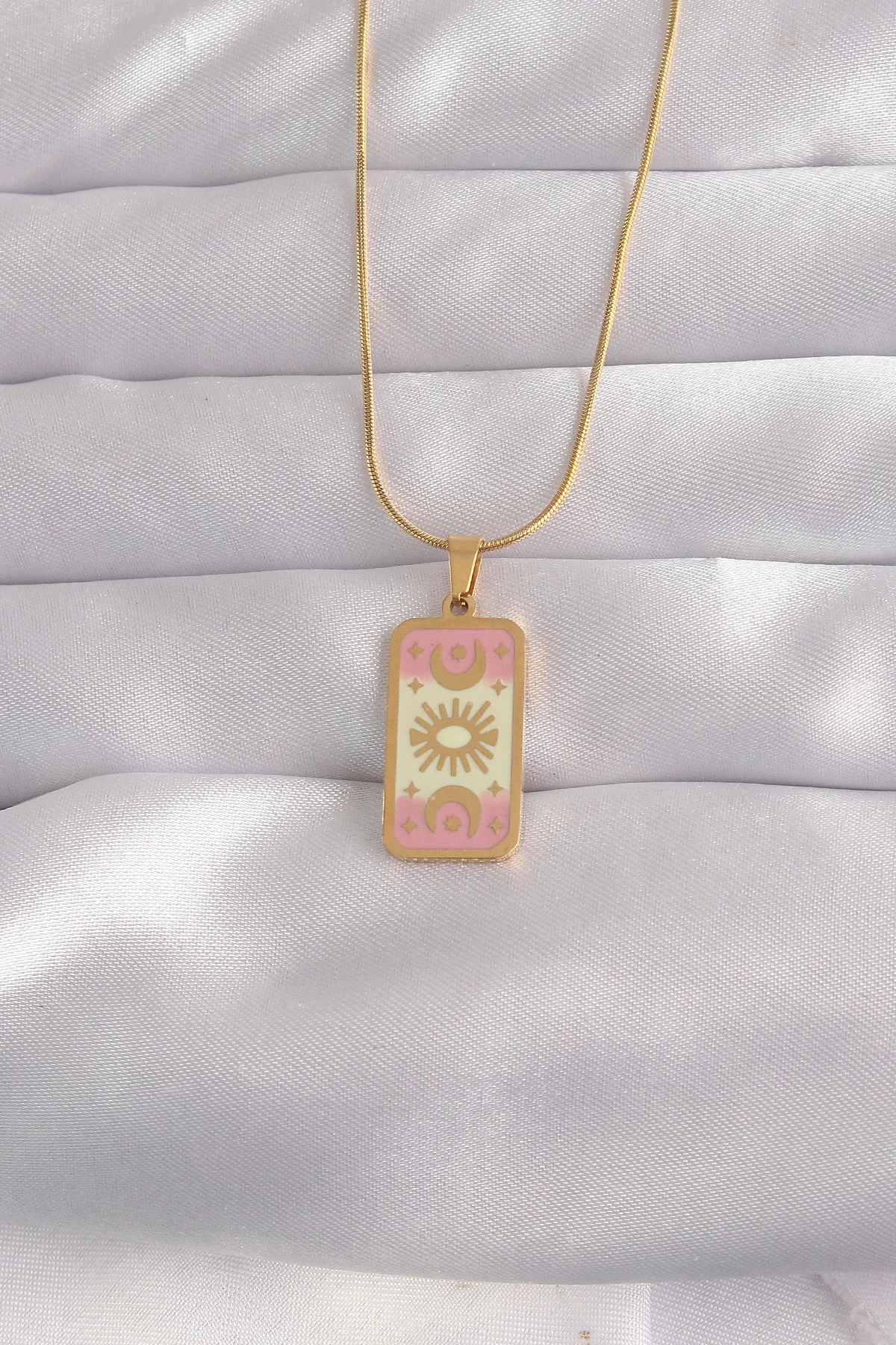 İthalat® 316L Çelik Gold Renk Karışık Mineli Ay Figür Tarot Kolye