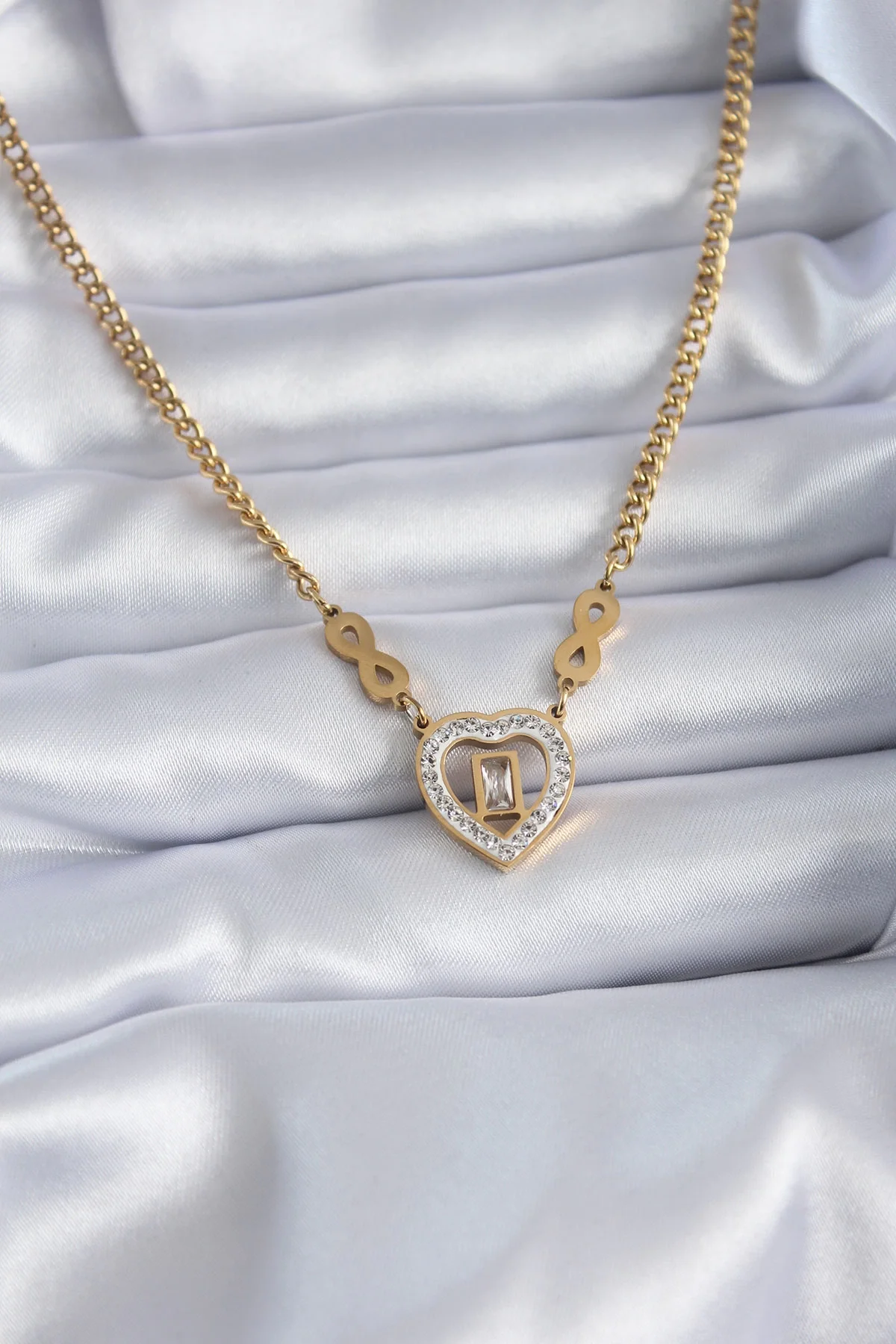 İthalat® 316L Çelik Gold Renk Zirkon Taşlı Kalp Model Sonsuzluk D