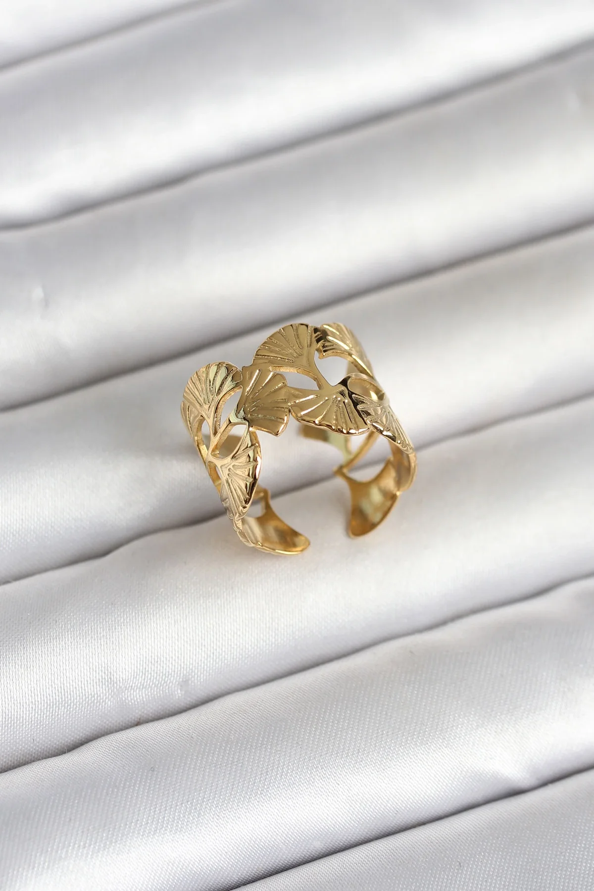 İthalat® 316L Çelik Gold Renk Yelpaze Model Kadın Yüzük
