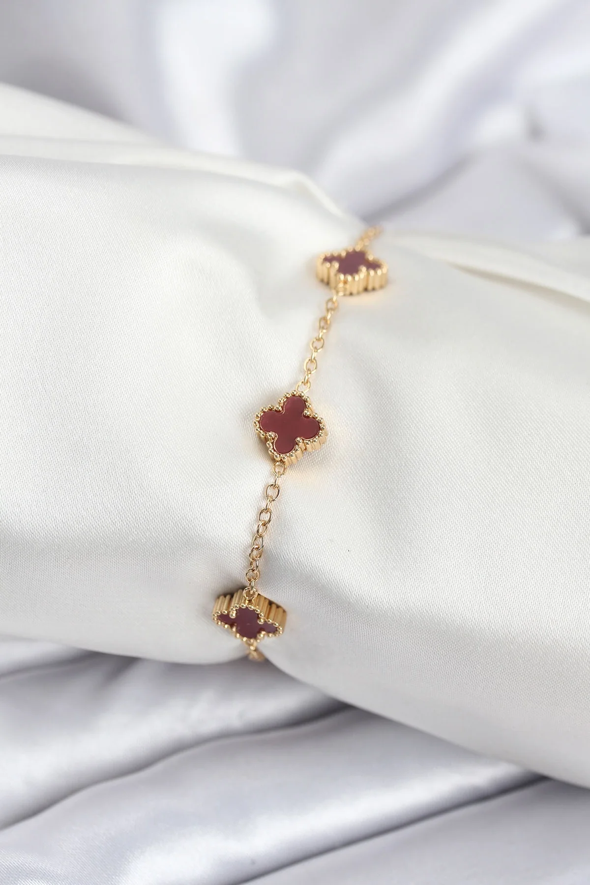 İthalat® 316L Çelik Gold Renk Bordo Baby Boy Yonca Kadın Bileklik