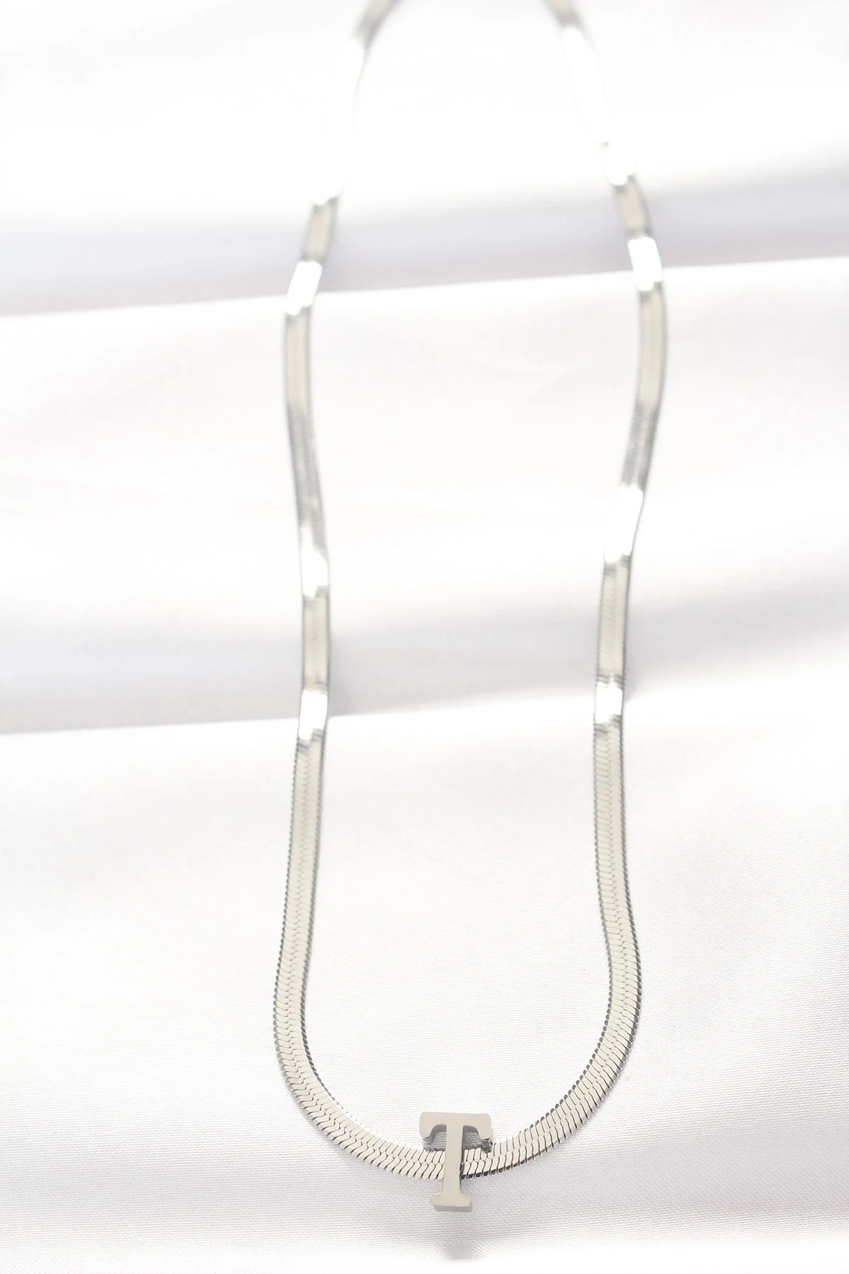 İthalat® 316L Çelik T Harfli Silver Renk İtalyan Zincirli Kolye