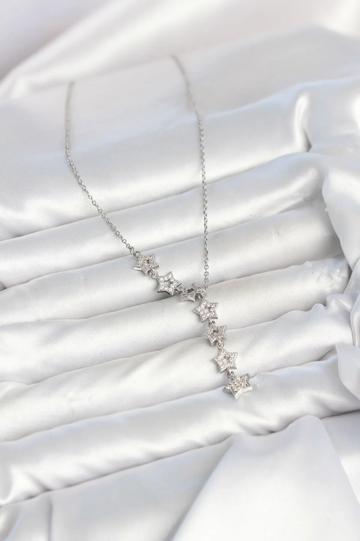 İthalat® 316L Çelik Yıldız Model Gümüş Renk Zirkon Taşlı Kadın Kolye
