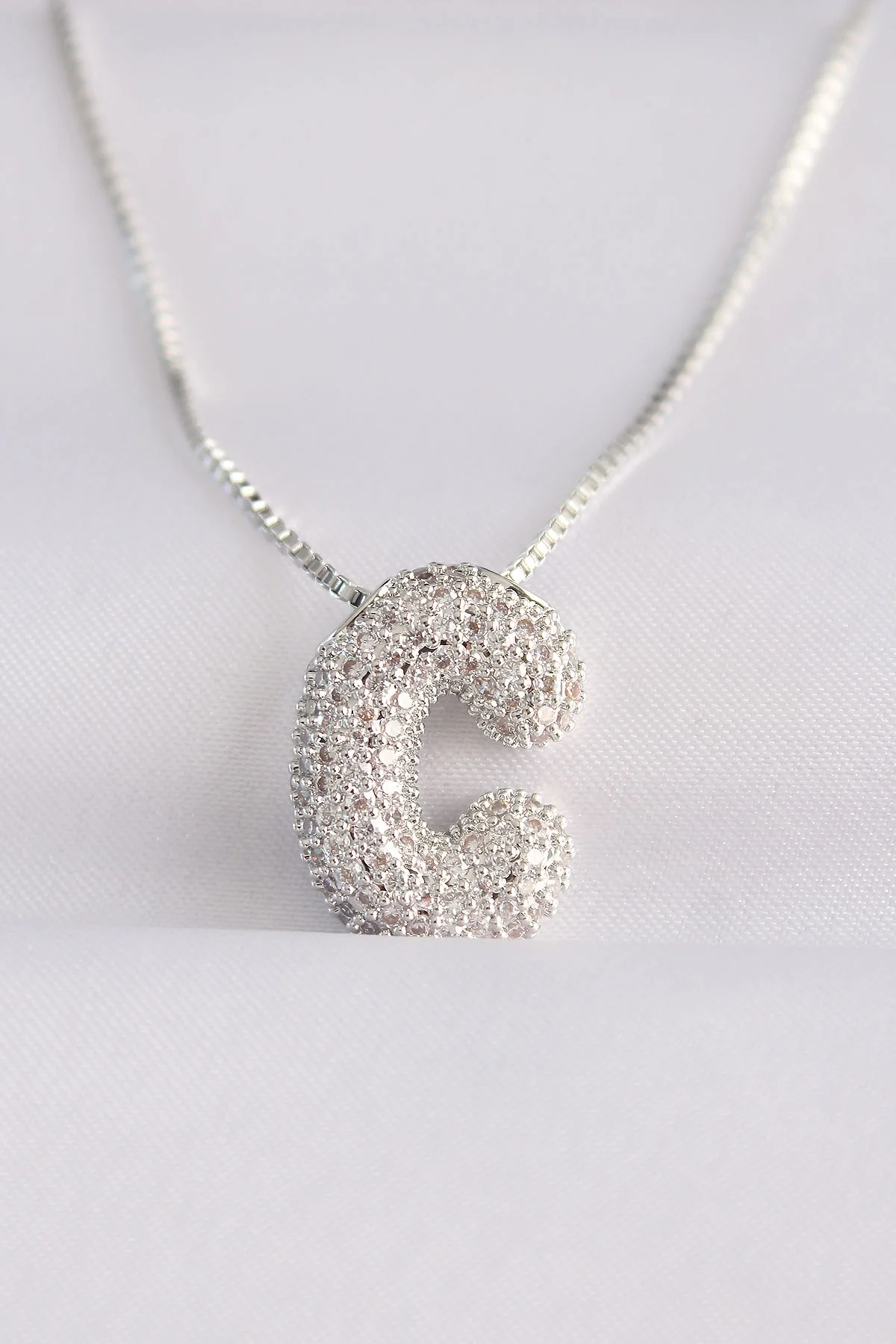 İthalat® 316L Çelik Zincirli Zirkon Taşlı C Harfli Silver Renk Bubble Kolye