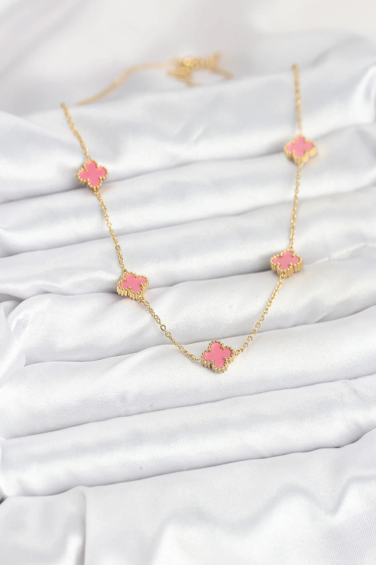 İthalat® 316L Çelik Zincir Gold Renk Pembe Baby Boy Yonca Kadın Kolye