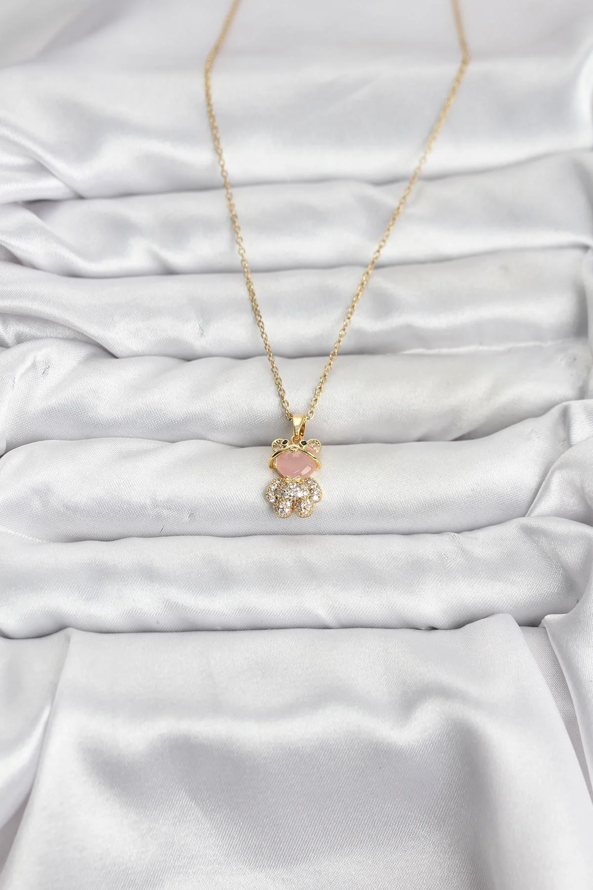 İthalat® 316L Çelik Zincir Gold Renk Teddy Bear Model Zirkon Taşlı Kadın Kolye