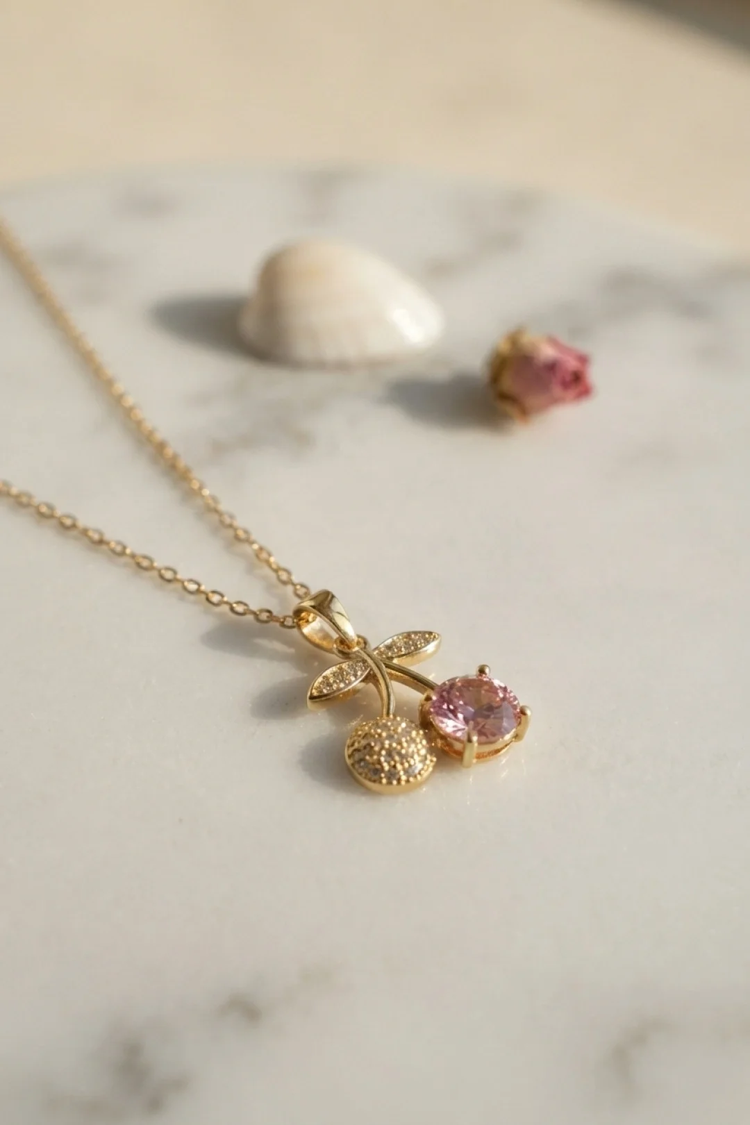 İthalat® 316L Çelik Zincir Gold Renk Pembe Kiraz Model Kolye