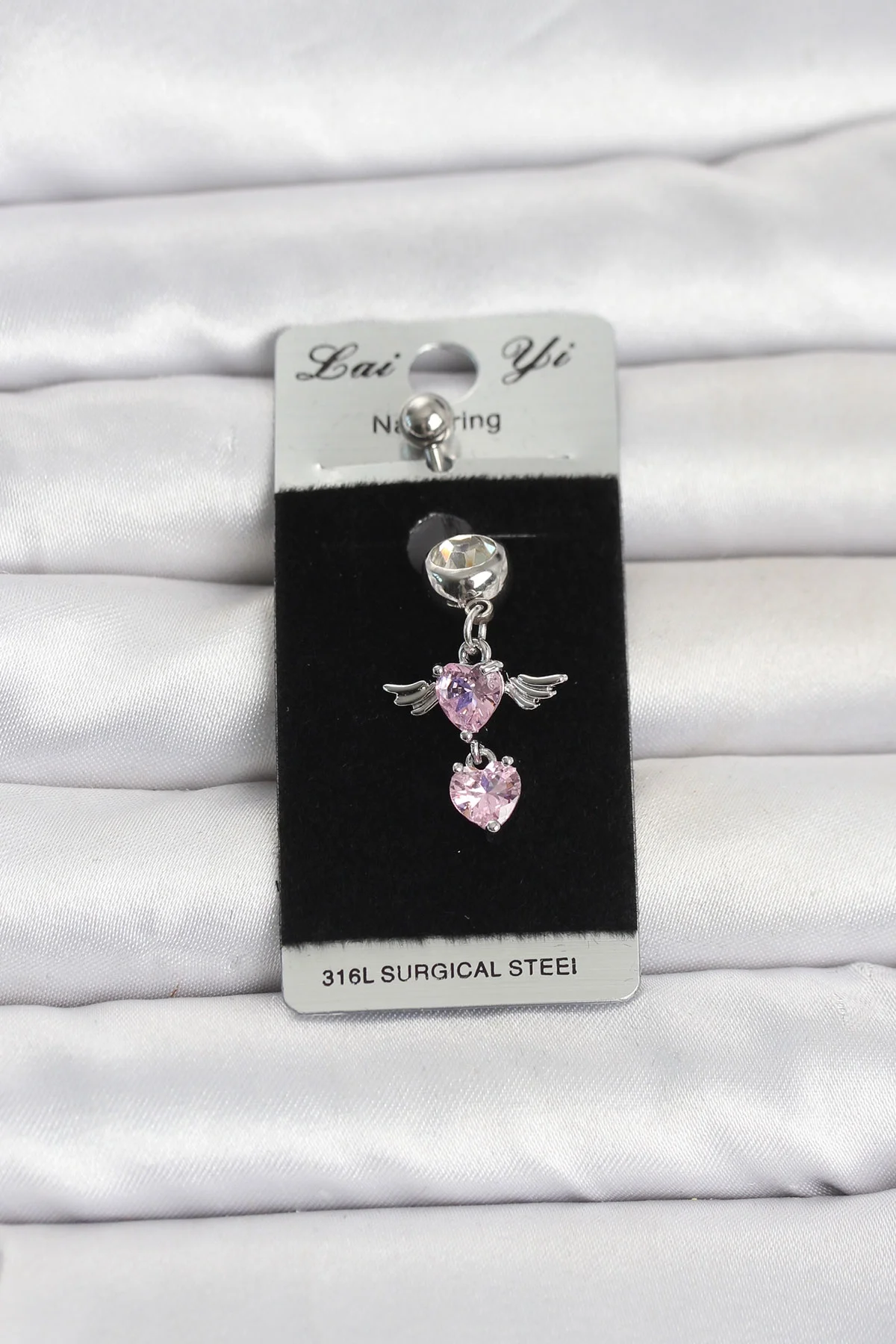 İthalat® 316L Cerrahi Çelik Pembe Zirkon Taşlı Kanat Model Göbek Piercing