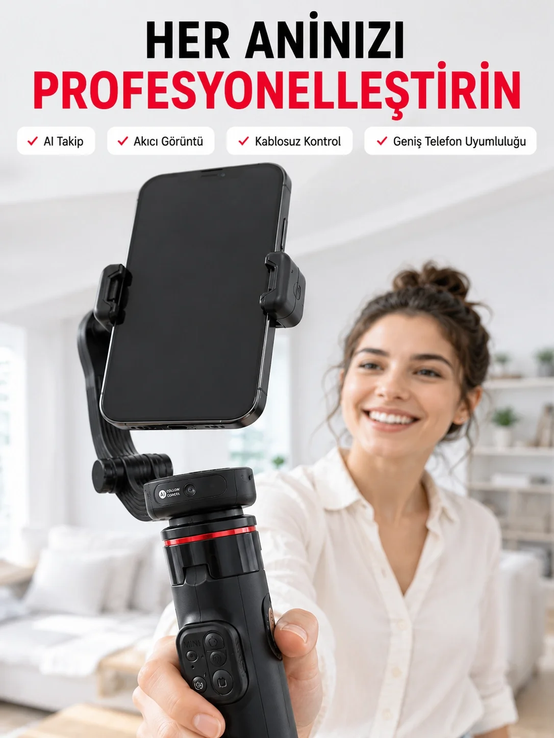 İthalat® 360° AI Akıllı Takipli Selfie Stick Gimbal Stabilizatör Bluetooth Kumandalı Uzayabilir Telefon Tripodu