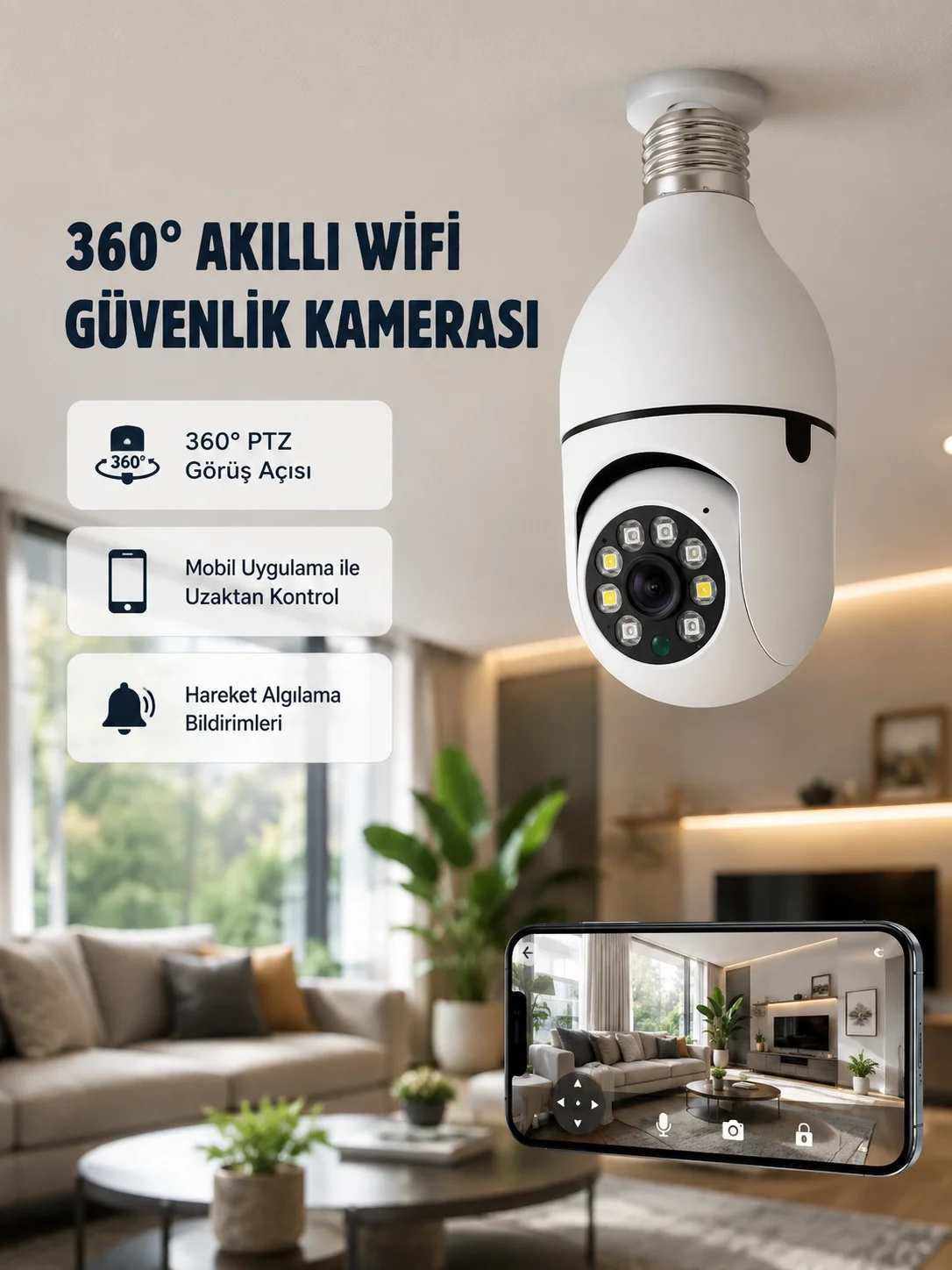İthalat® 360 Derece Dönebilen Akıllı Duylu Kamera – PTZ, Uzaktan Kontrol, Hareket Algılama