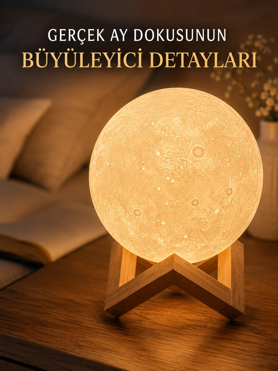 İthalat® 3D Ay Gece Lambası Ahşap Standlı Dekoratif LED Masa Lambası