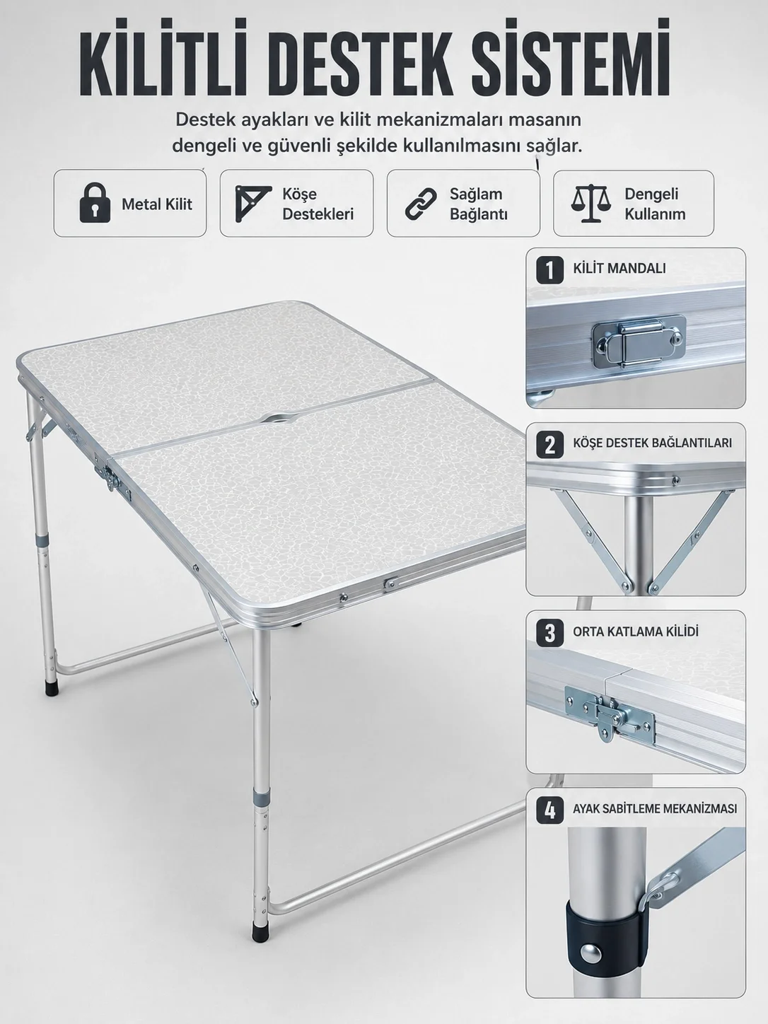 İthalat® 4 Kişilik Katlanabilir Kamp Masası Seti 4 Tabureli 50-65 cm Ayarlanabilir Yükseklik
