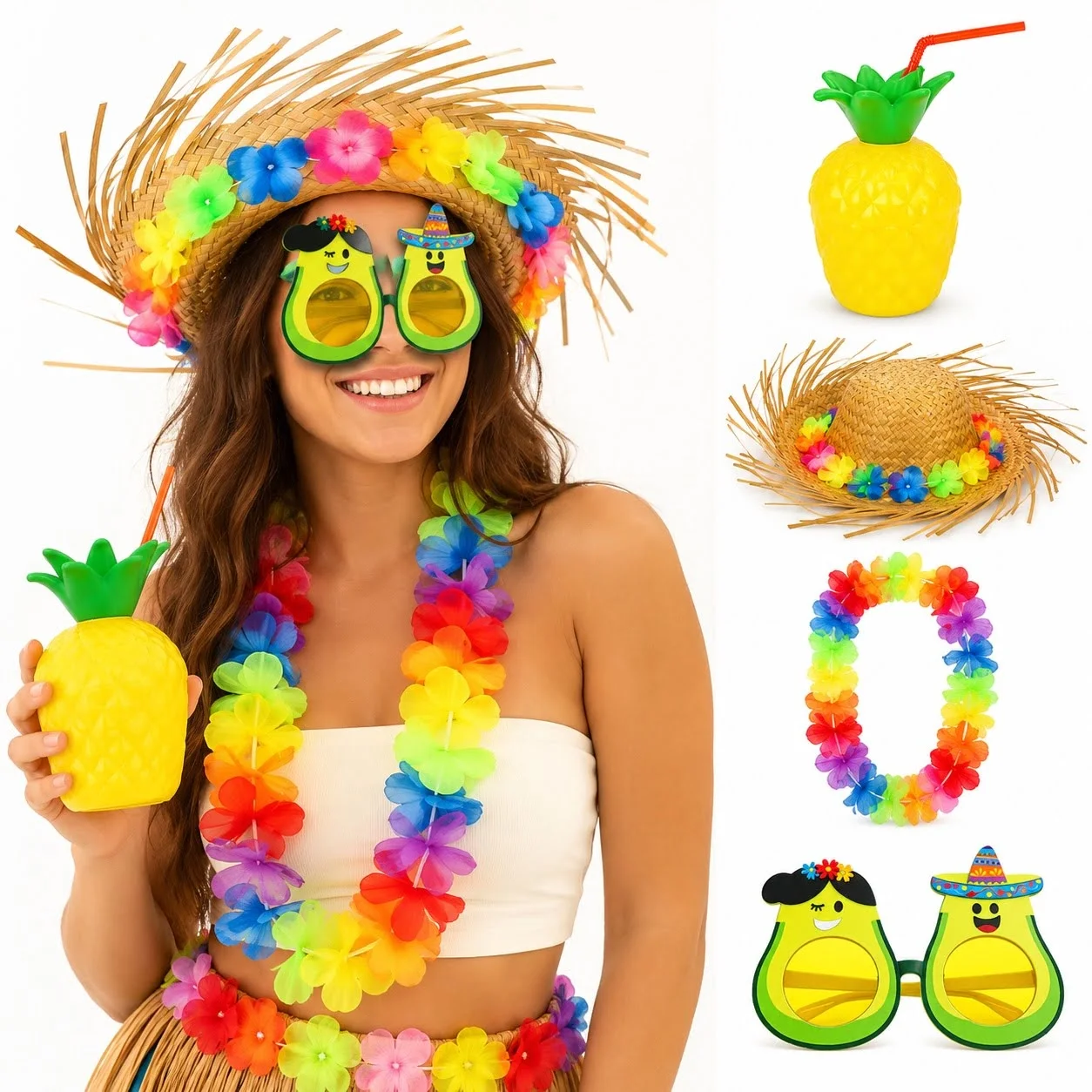 İthalat® 4 Parça Hawaii Parti Seti Ananas Bardak Hasır Şapka Avokado Gözlük Çiçek Kolye İthalat® 4 Parça Hawaii Parti Seti Ananas Bardak Hasır Şapka Avokado Gözlük Çiçek Kolye