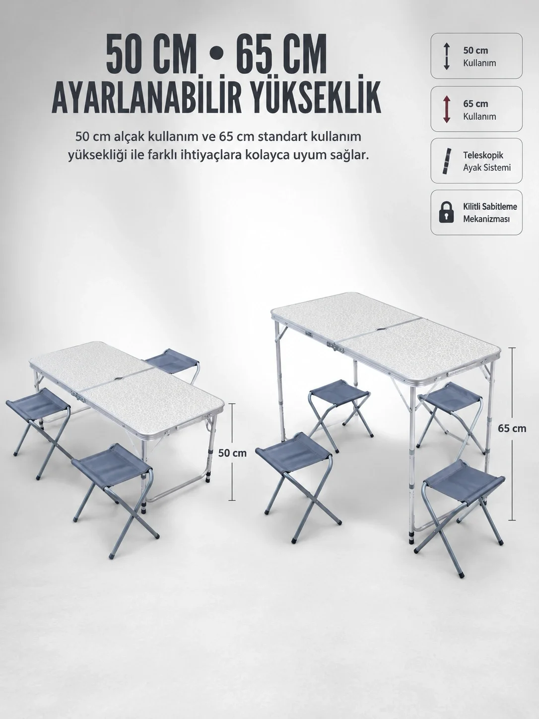 İthalat® 4 Sandalyeli Katlanabilir Kamp Masası Portatif Bahçe Kamp ve Piknik Masa Seti