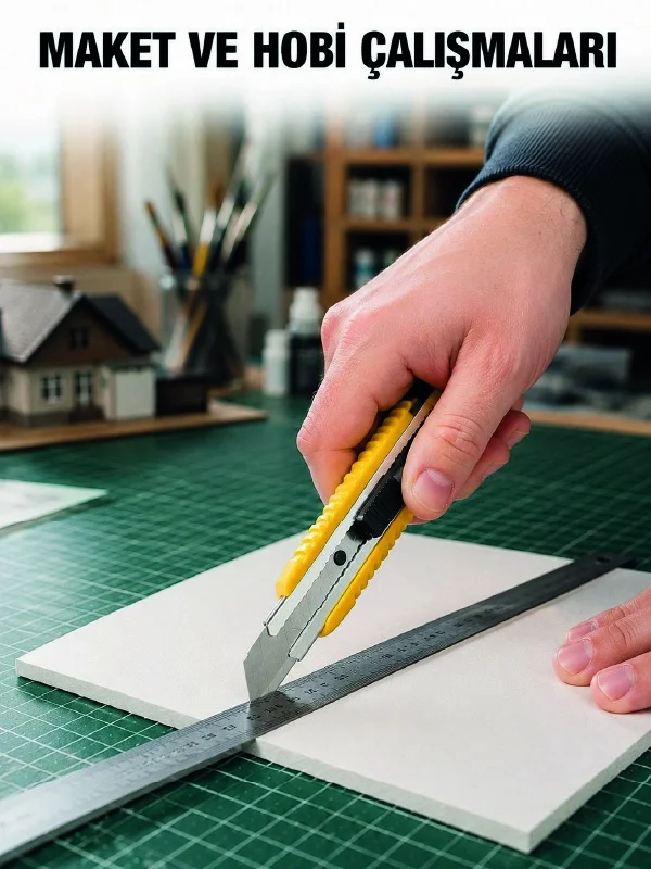 İthalat® 5 Adet Metal Falçata Seti Ergonomik Saplı Çelik Maket Bıçağı Koli Ambalaj PVC Kesici