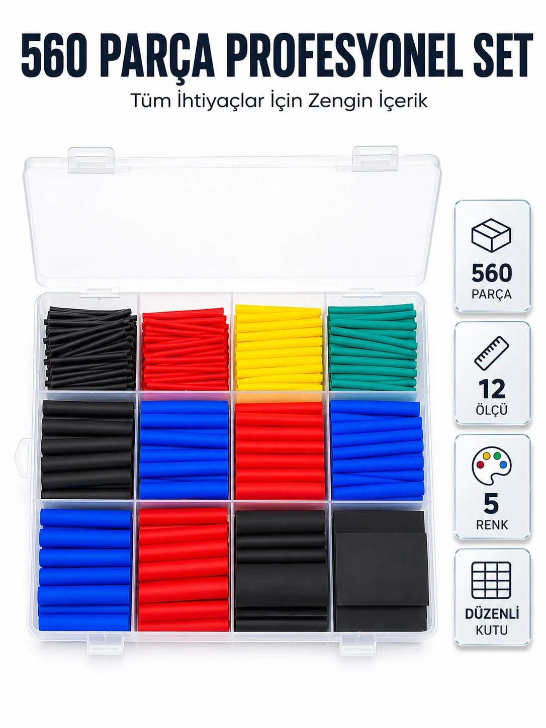 İthalat® 560 Parça Kablo İzolasyon Makaron Seti 12 Ölçü 5 Renk Heat Shrink Tube Organizer Kutulu