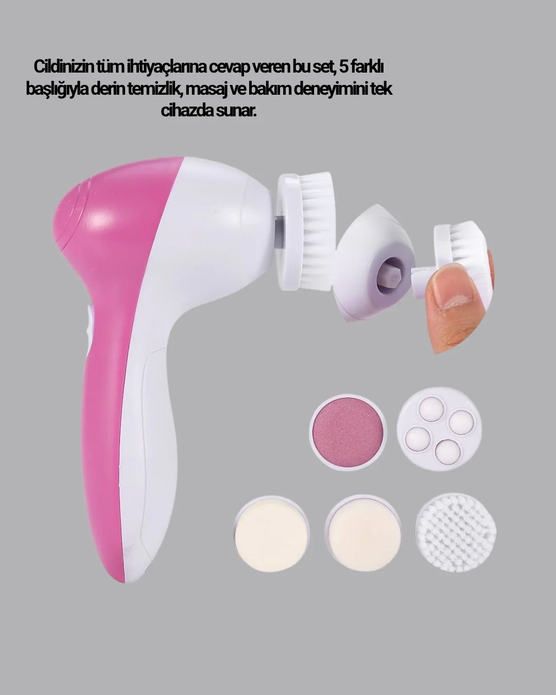 İthalat® 5’i 1 Arada Yüz Temizleme Cihazı – Masaj, Fırça, Peeling ve Krem Uygulama Aparatlı