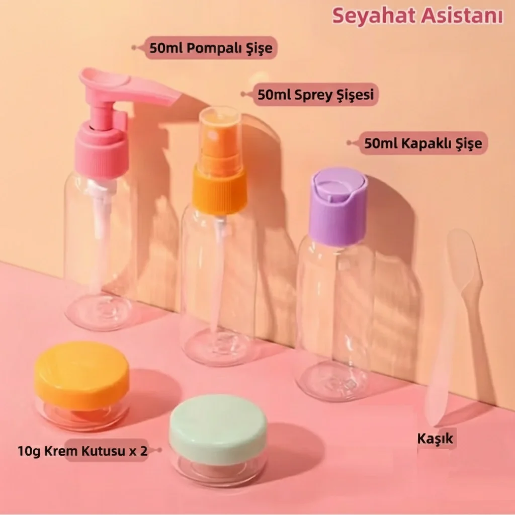 İthalat® 6 Parça Renkli Kapaklı Seyahat İçin Boş Şişe Seti