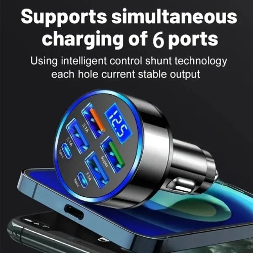 İthalat® 6 Portlu Hızlı Araç Şarj Cihazı – 4 USB + 2 Type-C Çıkışlı Dijital Göstergeli Oto Şarjı