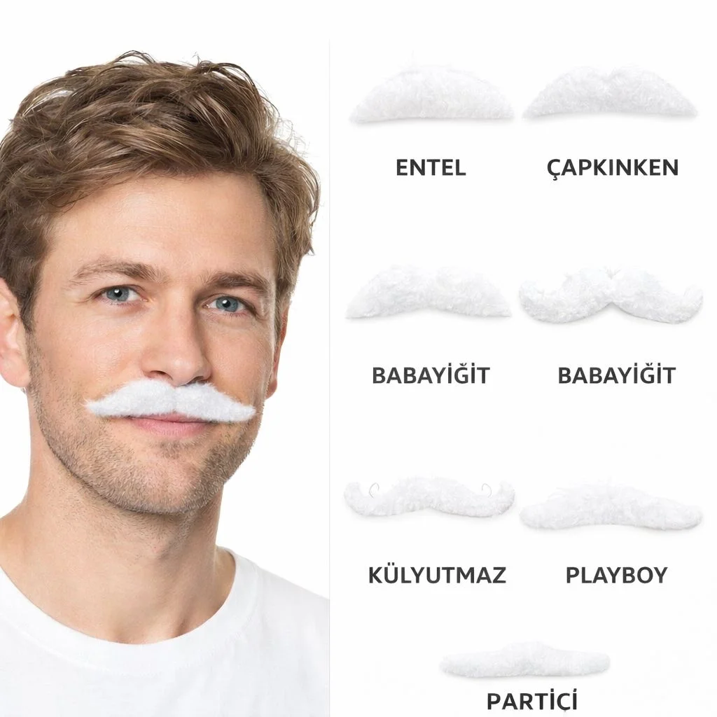 İthalat® 6’lı Yapışkanlı Beyaz Parti Bıyık Seti – Farklı Modeller İthalat® 6’lı Yapışkanlı Beyaz Parti Bıyık Seti – Farklı Modeller