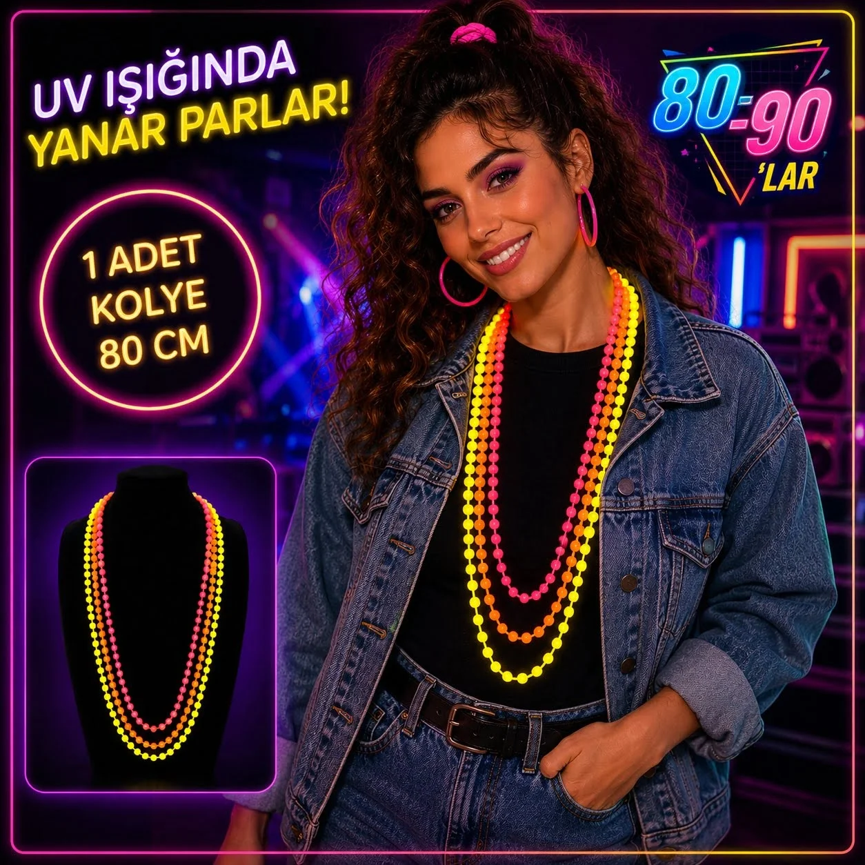 İthalat® 80'ler 90'lar UV Glow Parti Kolyesi 3'lü Set