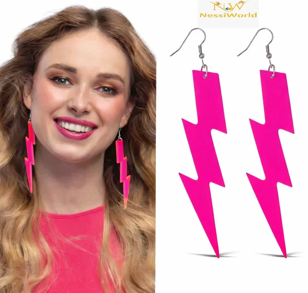 İthalat® 80’ler 90&amp;#39;lar Retro Neon Pembe Şimşek Küpe 10 cm