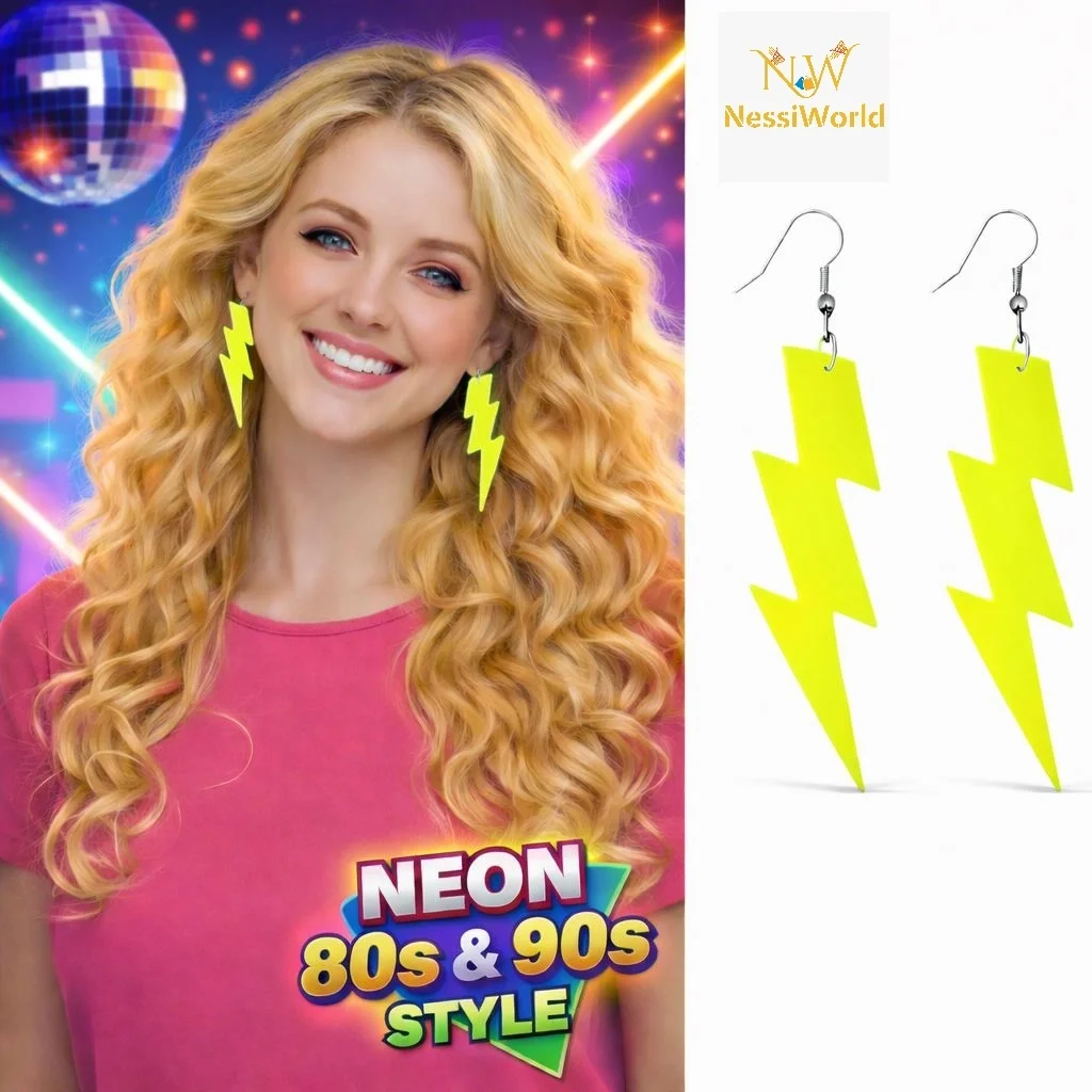 İthalat® 80’ler 90&amp;#39;lar Retro Neon Sarı Şimşek Küpe 10 cm