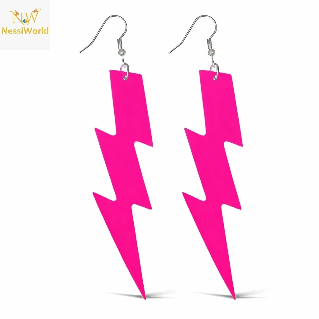 İthalat® 80’ler 90&amp;#39;lar Retro Neon Pembe Şimşek Küpe 10 cm