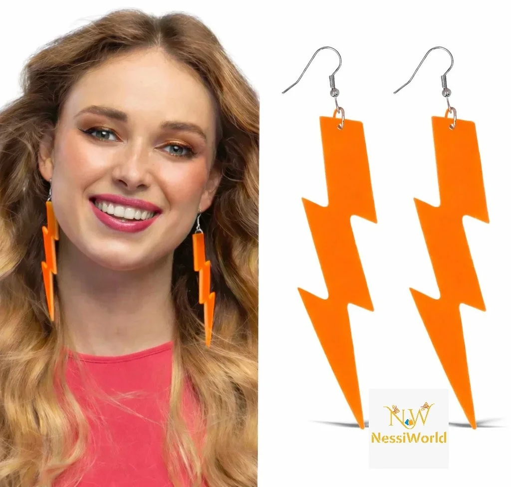 İthalat® 80’ler 90&amp;#39;lar Retro Neon Turuncu Şimşek Küpe 10 cm