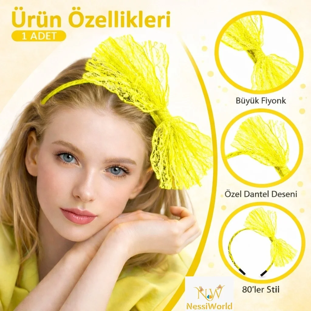 İthalat® 80’ler 90’lar Neon Sarı Dantel Taç Fiyonklu